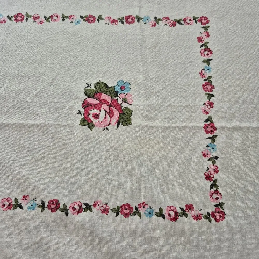 Vintage White Pink Cotton Floral Roses Cottagecore Square Tablecloth 54 x 76 IN